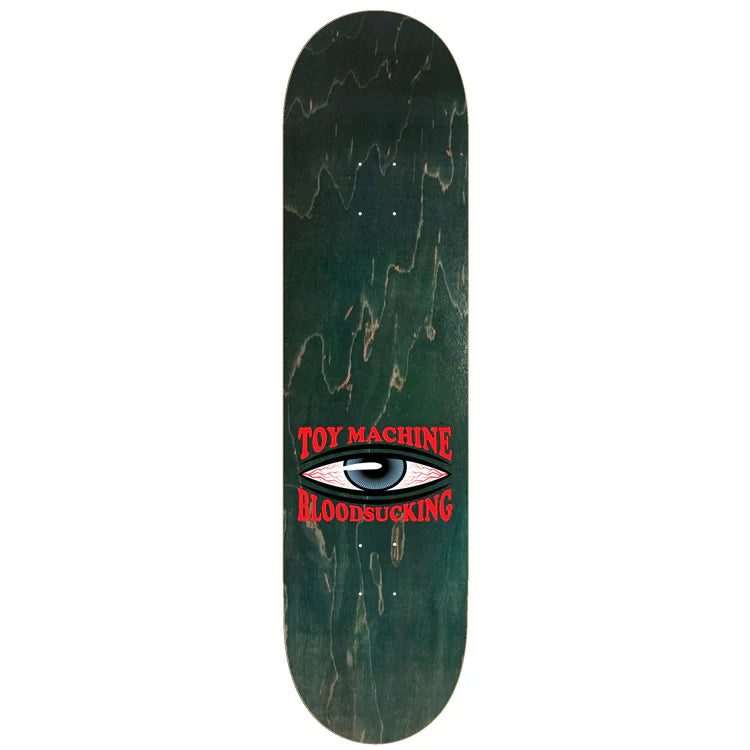 Skateboard deck with 'Toy Machine' and 'Bloonsucking' text on a green background
