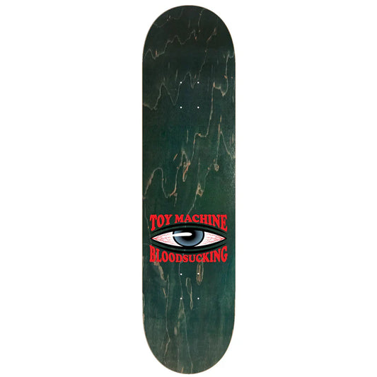 Skateboard deck with 'Toy Machine' and 'Bloonsucking' text on a green background
