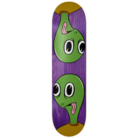 Skateboard deck with a cartoon avocado design on a purple background