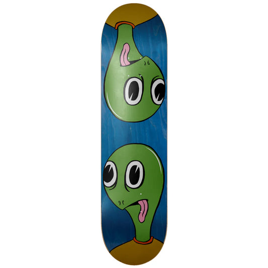 Skateboard deck with a cartoonish green character design on a blue background