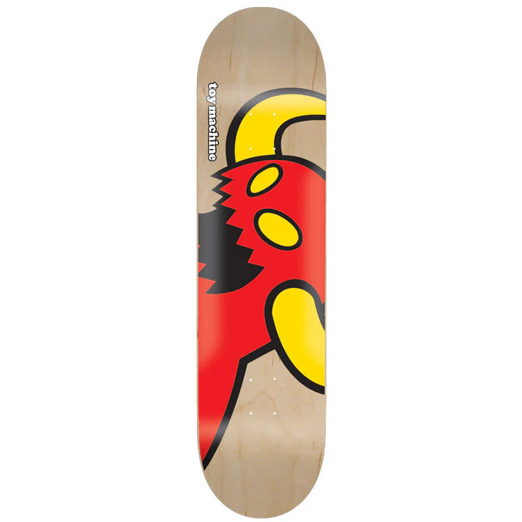 Skateboard deck with a colorful graphic design on a beige background
