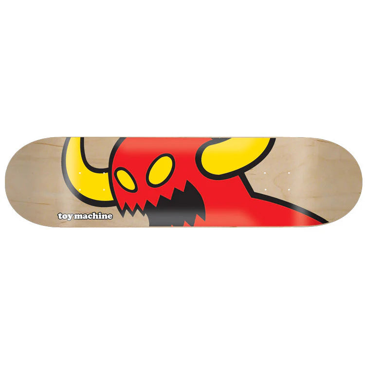 Skateboard deck with a red and yellow graphic design on a white background
