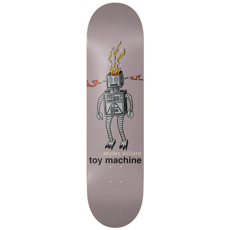 Skateboard deck with a robot design and 'toy machine' branding on a gray background