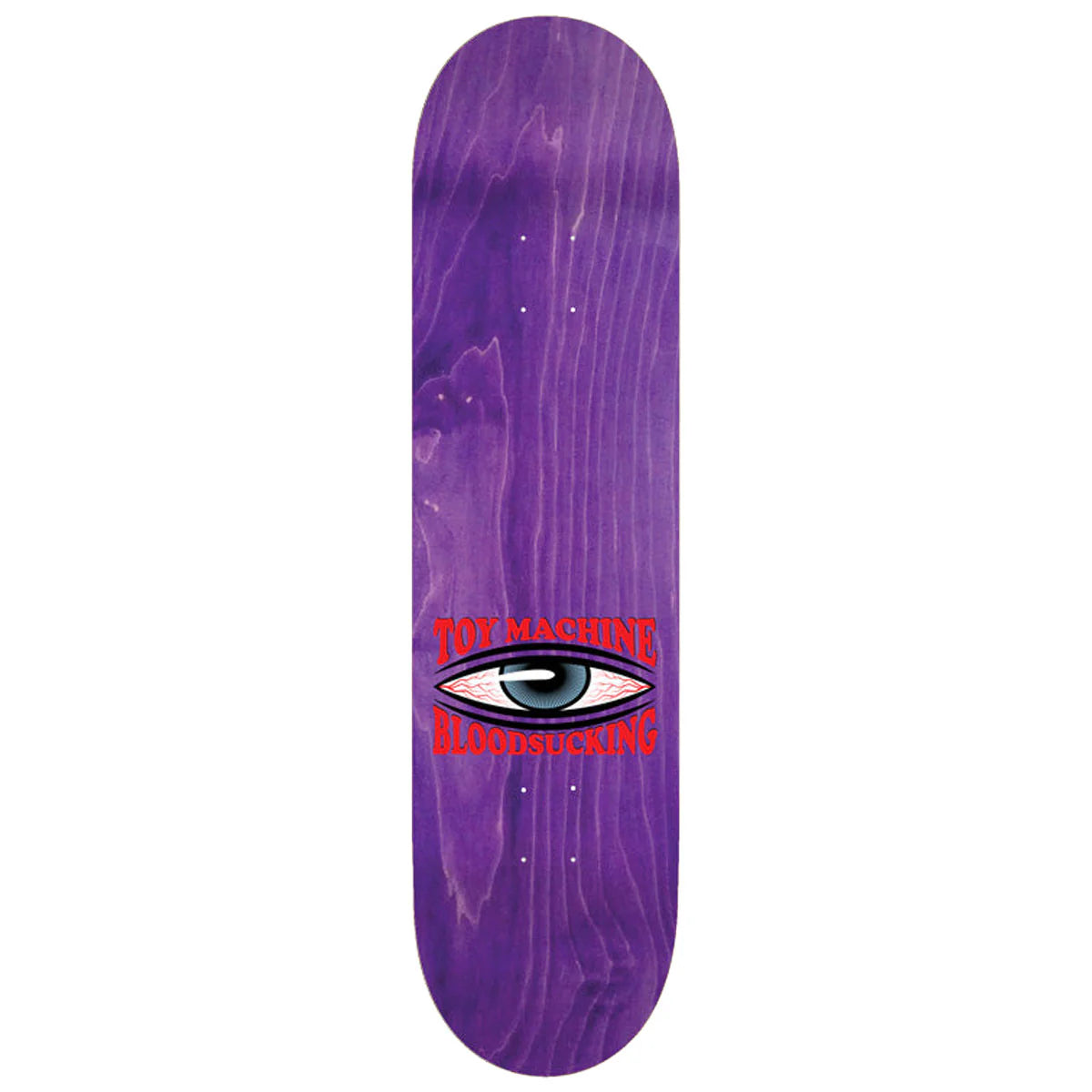 Purple skateboard deck with an eye design and text on a white background