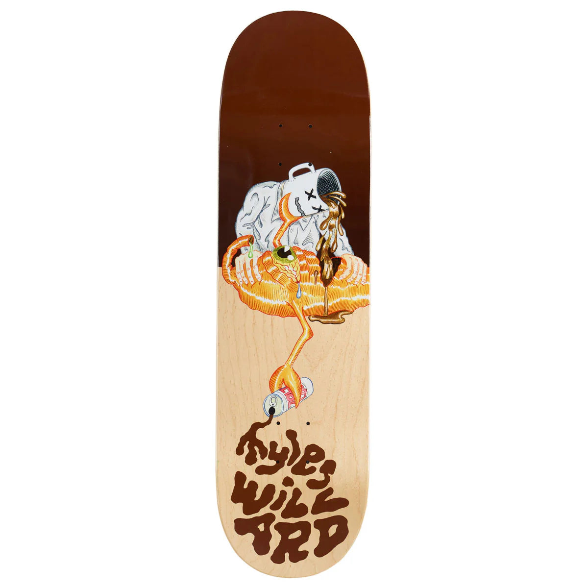Skateboard deck with a colorful design and text on a white background