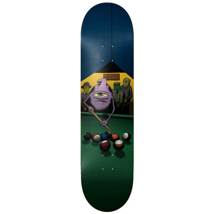 Skateboard deck with a colorful design of a creature playing pool on a green felt background.