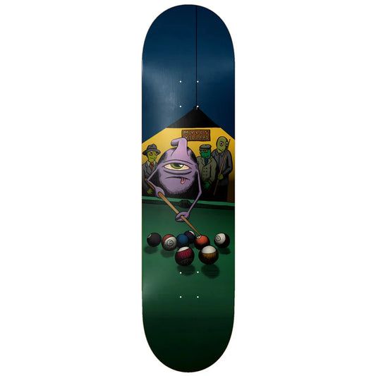 Skateboard deck with a colorful design of a creature playing pool on a green felt background.