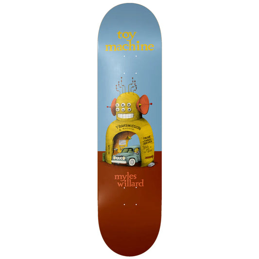 Skateboard deck with a colorful design and 'toy machine' branding on a white background