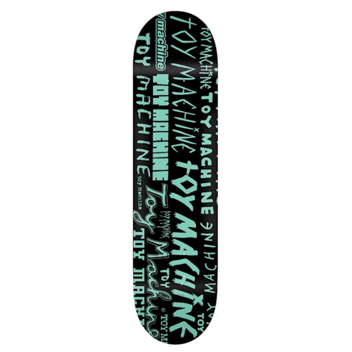 Toy Machine skateboard deck with brand name text pattern on a white background