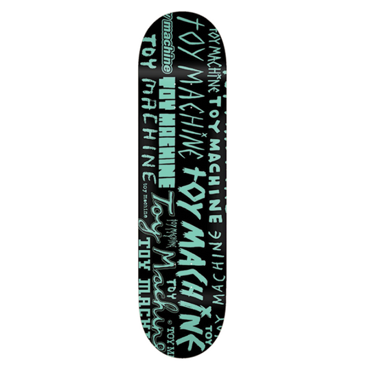 Toy Machine skateboard deck with brand name text pattern on a white background