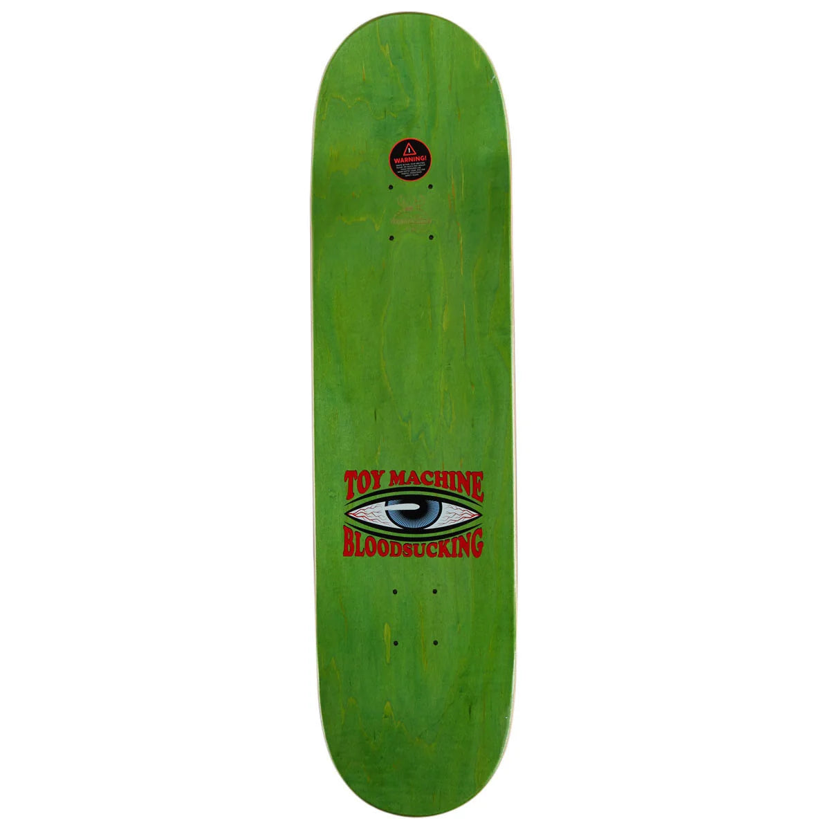 A green skateboard deck featuring the red 'Toy Machine Bloodsucking' logo with an eye graphic in the center, shown against a plain white background.