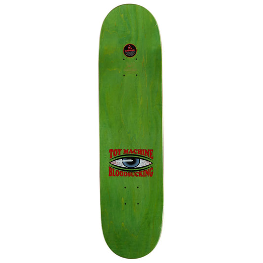 A green skateboard deck featuring the red 'Toy Machine Bloodsucking' logo with an eye graphic in the center, shown against a plain white background.