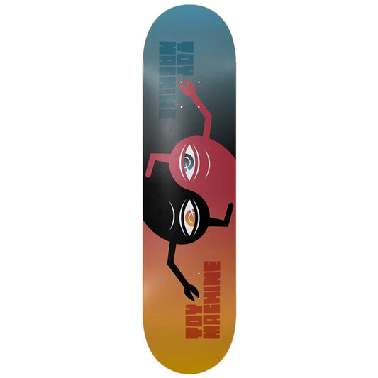 Skateboard deck with a colorful design and 'Toy Machine' branding on a white background