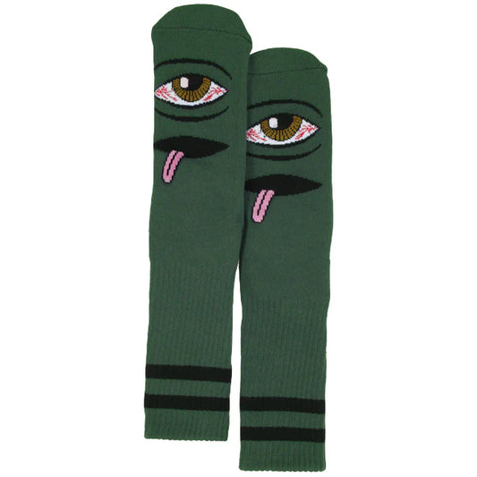 Green socks with eye and tongue design on a white background