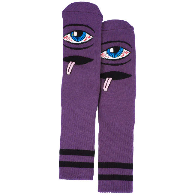 Purple socks with eye design on a white background