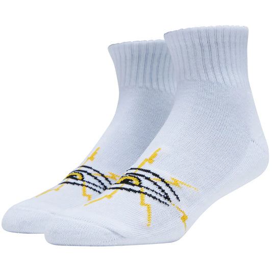 White socks with yellow and black designs on a white background