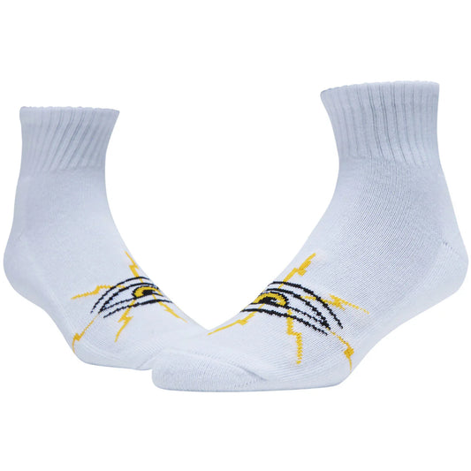 White socks with black and yellow lightning bolt design on a white background