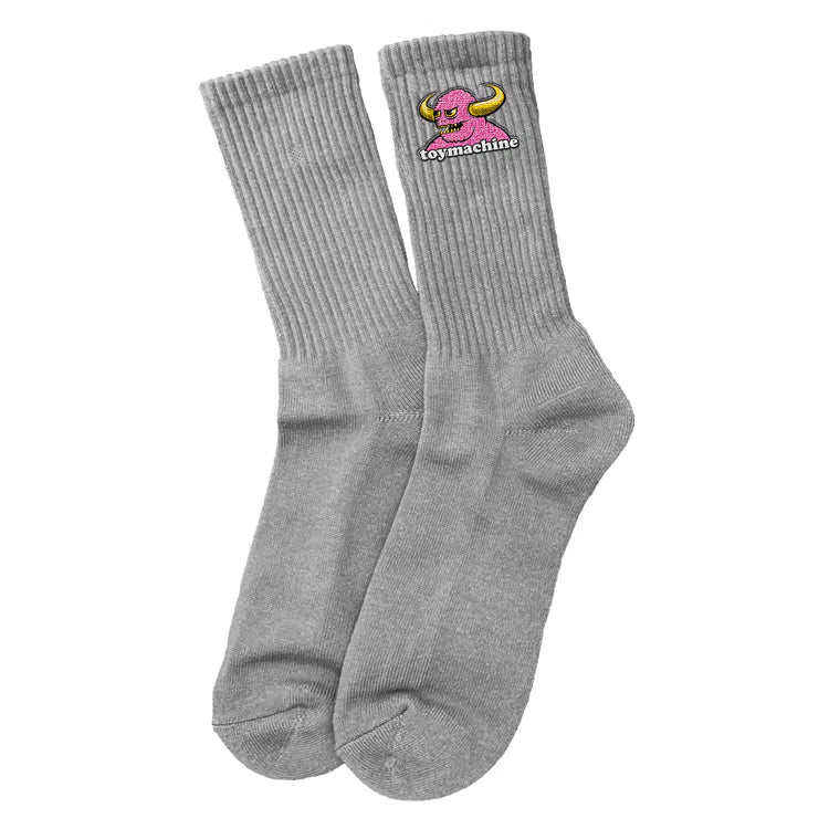 Gray socks with a logo on a white background