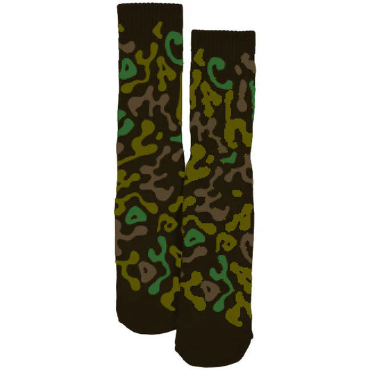 Pair of socks with a camouflage pattern on a white background