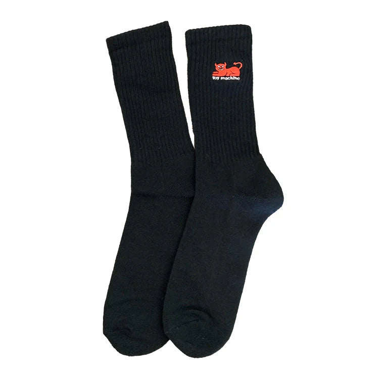 Black socks with a red logo on a white background