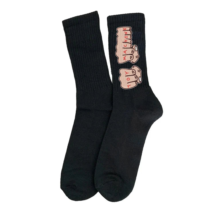 Black socks with pink and white graphic design on a white background