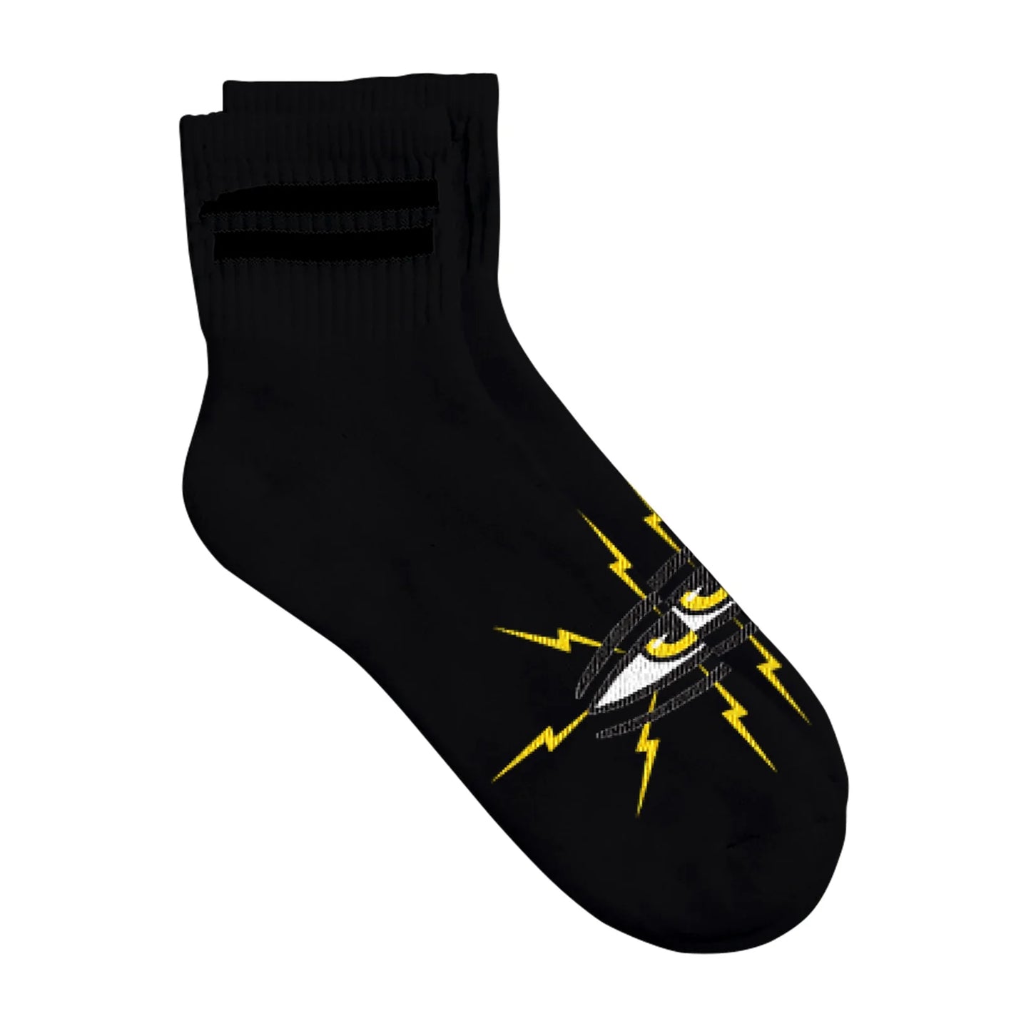 A single black crew sock with a graphic design on the toe featuring a white and black eye surrounded by yellow lightning bolts, shown against a plain white background.