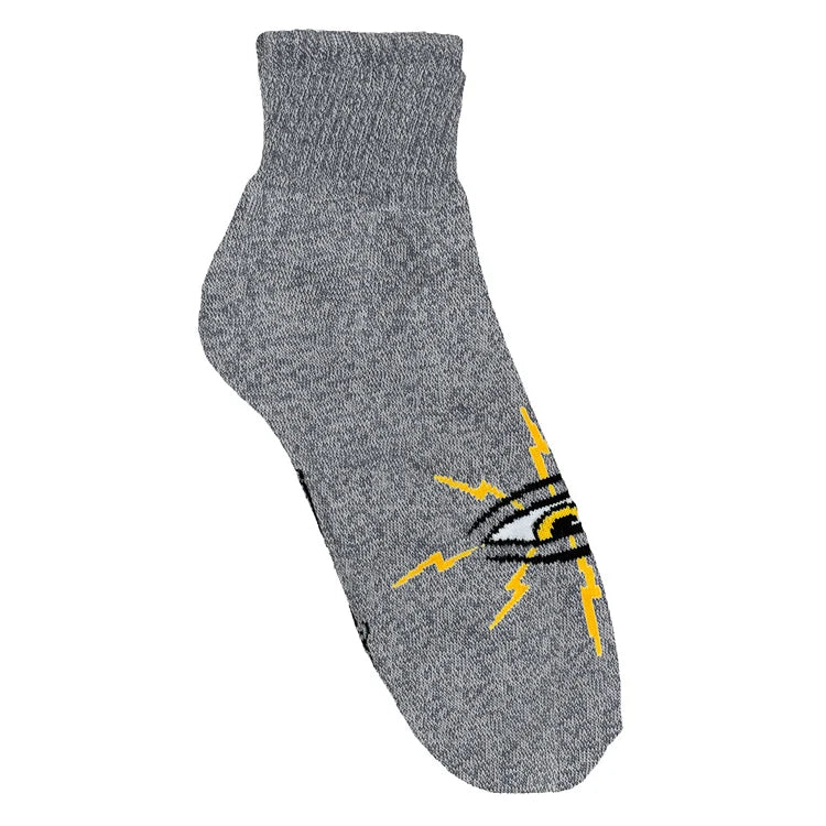 Gray ankle sock with a lightning bolt design on a white background