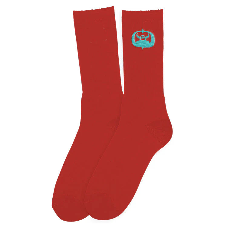 Red socks with a blue logo on a white background