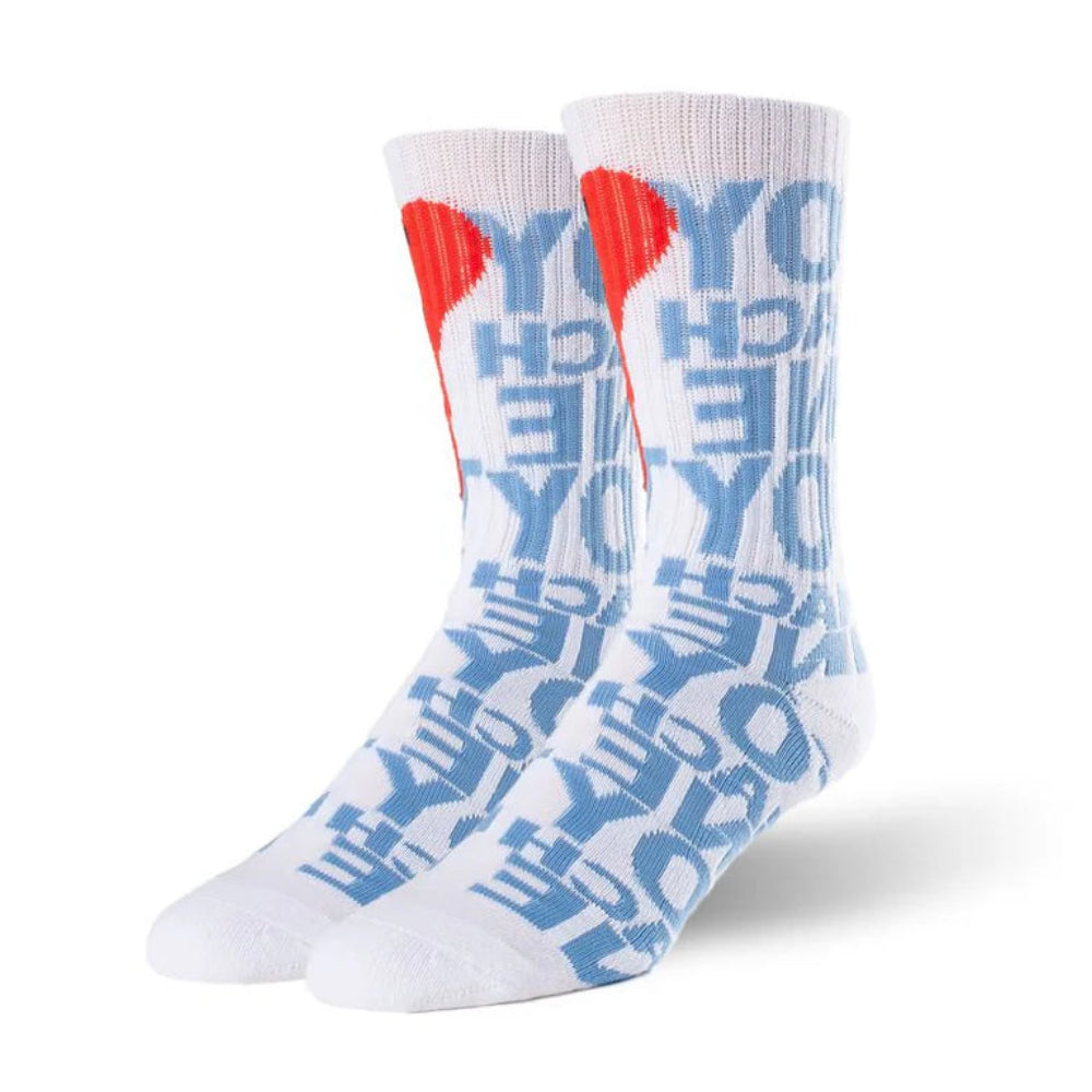White socks with blue text and red hearts on a white background