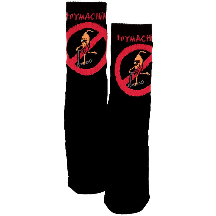 Black socks with red and white logo on a white background