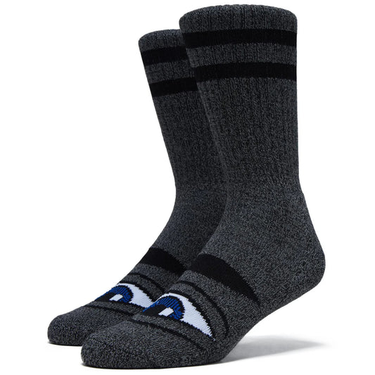 Pair of gray socks with black stripes on a white background