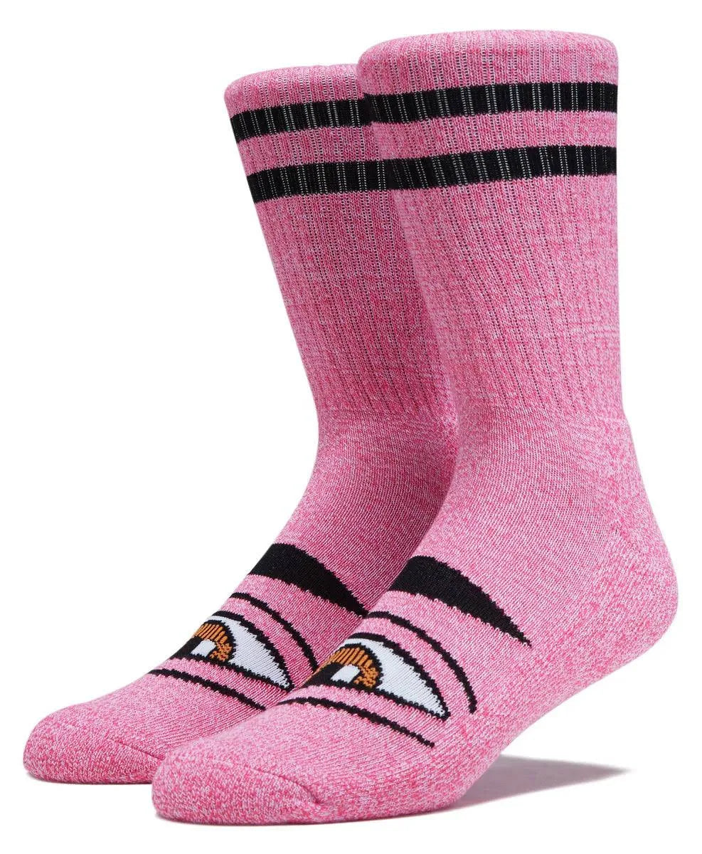 A pair of pink crew socks with black stripes near the top and a graphic of two eyes on the feet, shown against a plain white background.