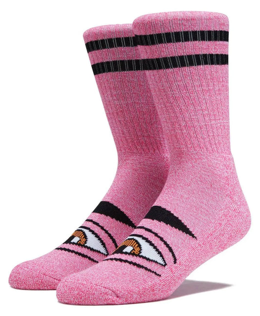 A pair of pink crew socks with black stripes near the top and a graphic of two eyes on the feet, shown against a plain white background.