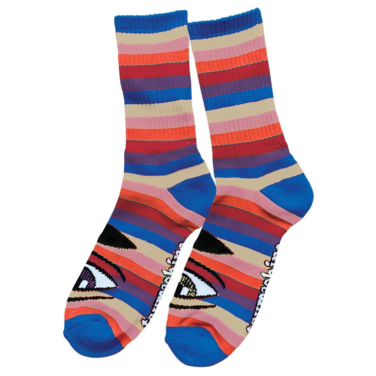 Colorful striped socks with eye design on a white background