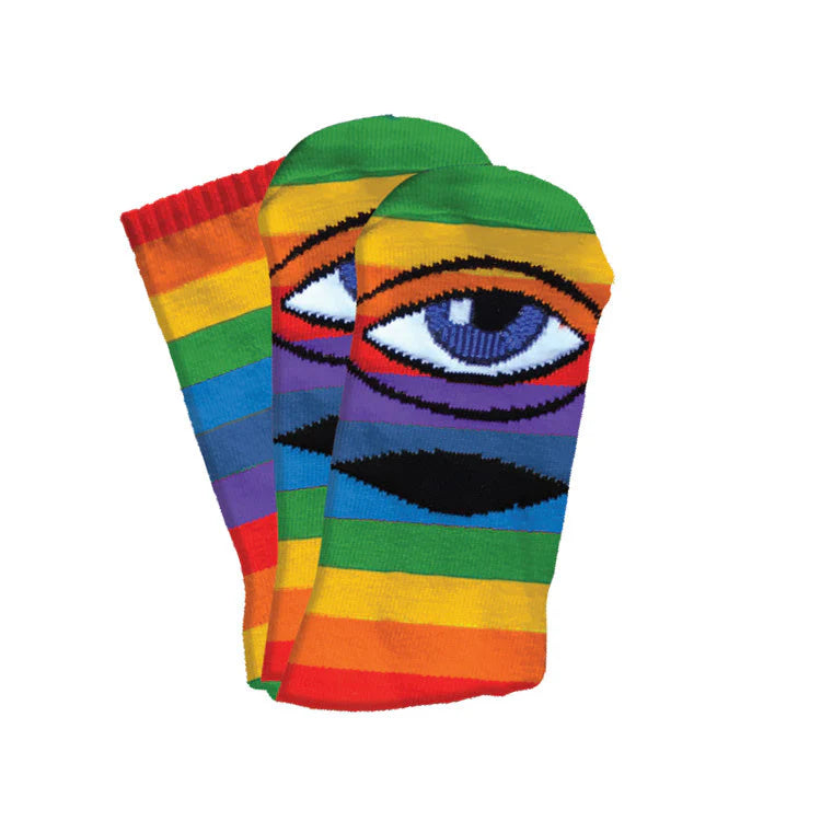 Colorful socks with eye design on a white background