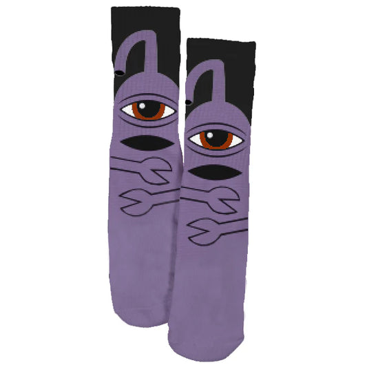 Purple socks with cartoonish face design on a white background