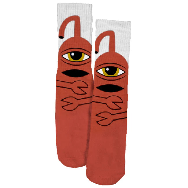 Pair of socks with eye and wrench design on a white background