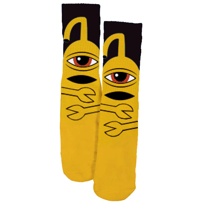 Pair of socks with a unique design on a white background