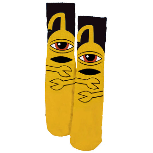 Pair of socks with a unique design on a white background