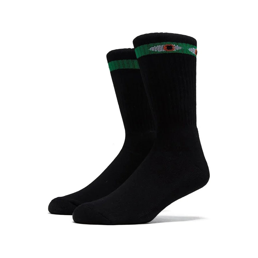 Black socks with green and red accents on a white background