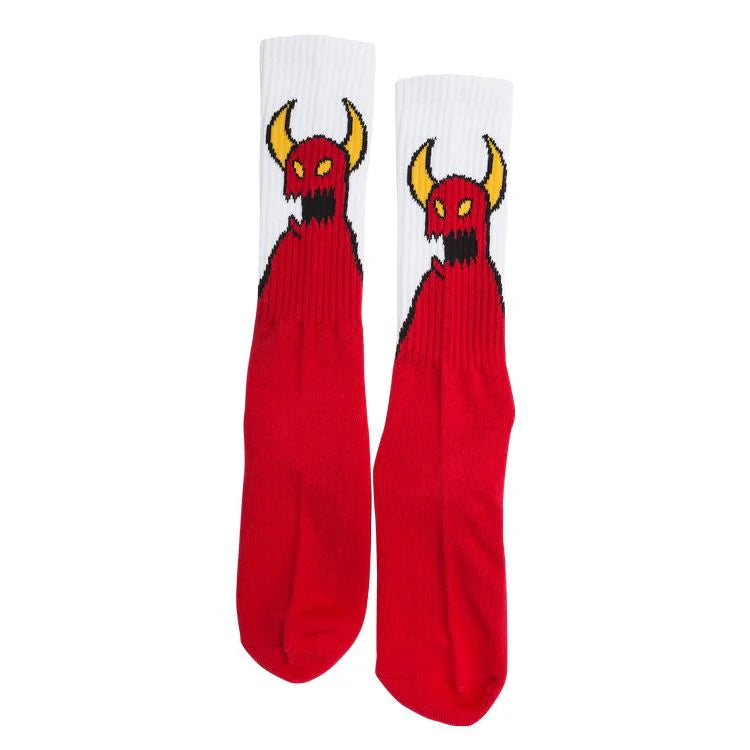 Red devil face socks with white background