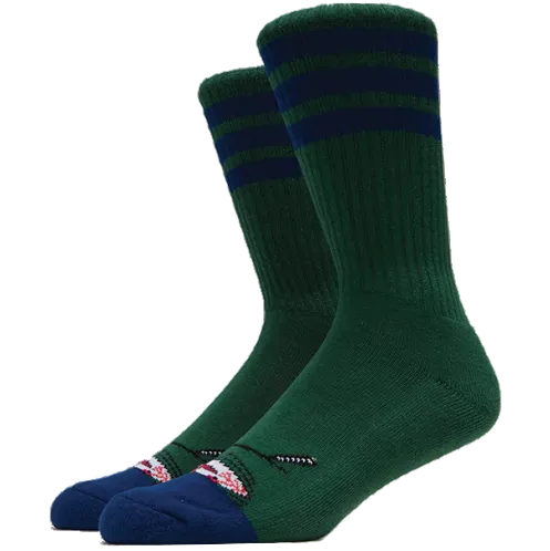 Two green socks with blue accents on a white background