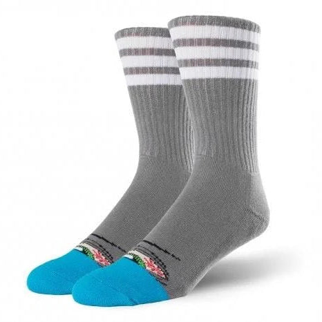 Gray socks with white stripes and blue toes on a white background