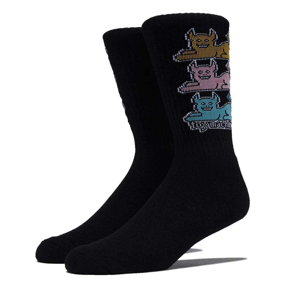 Black socks with colorful graphic design on a white background