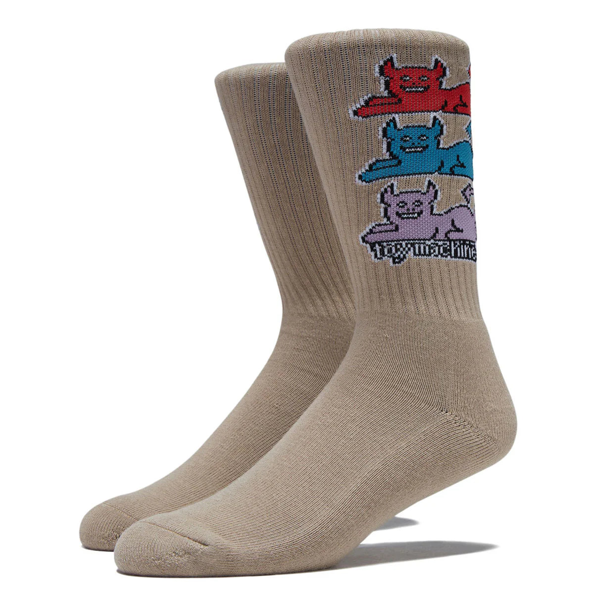 Beige socks with colorful cat illustrations on a white background