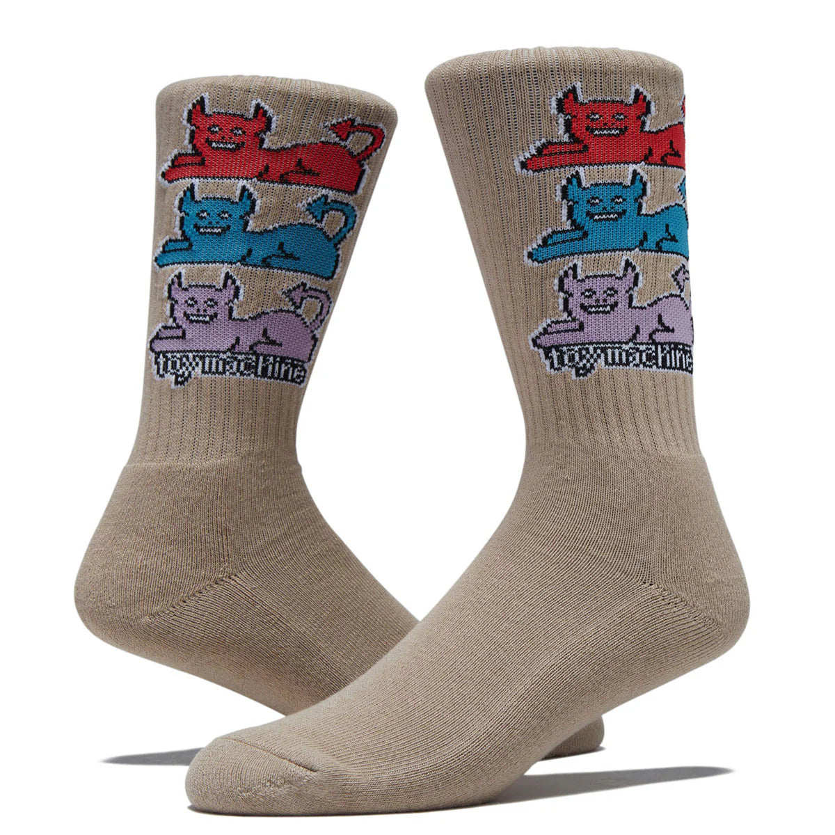 Beige socks with colorful cat illustrations on a white background
