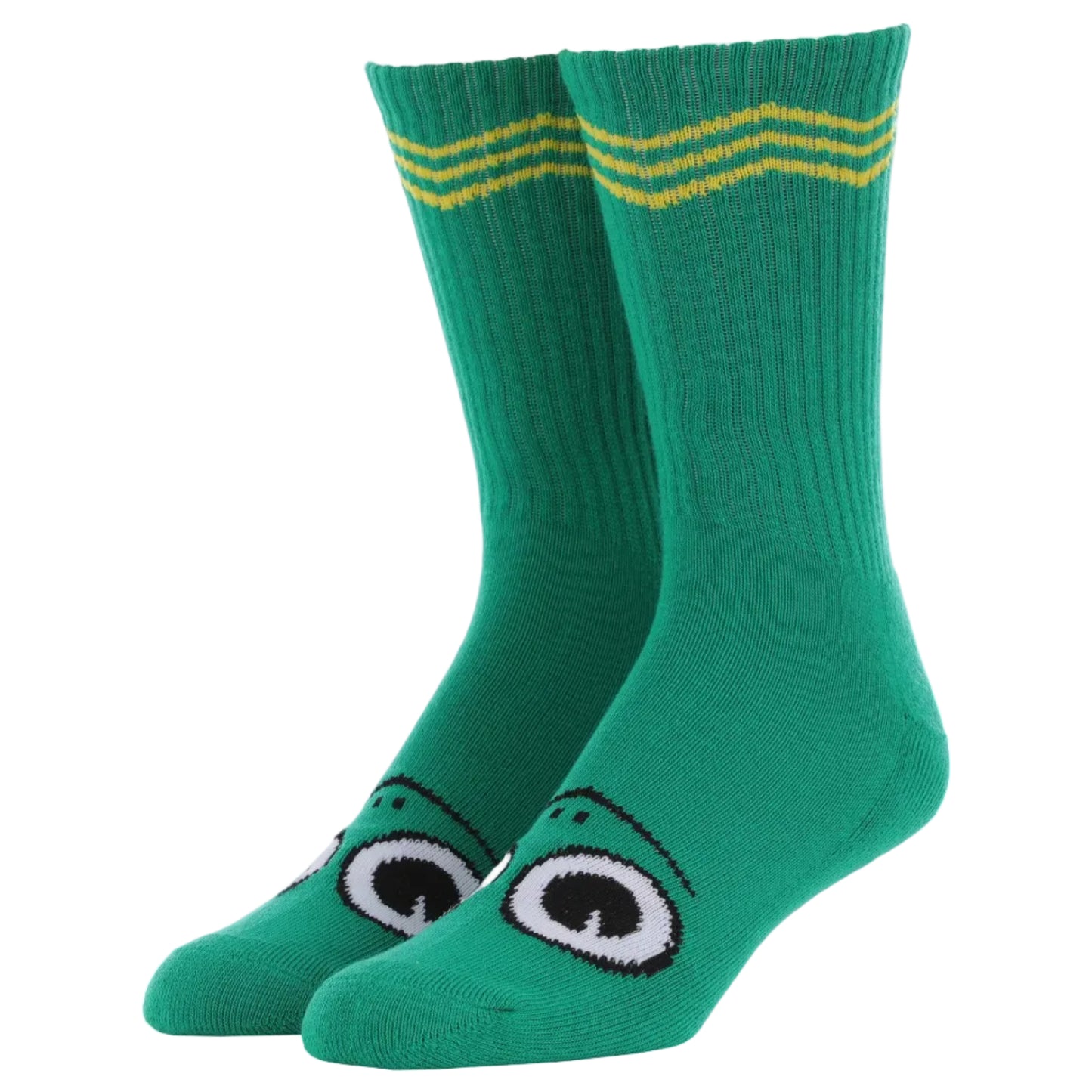 Green socks with frog eyes design on a white background