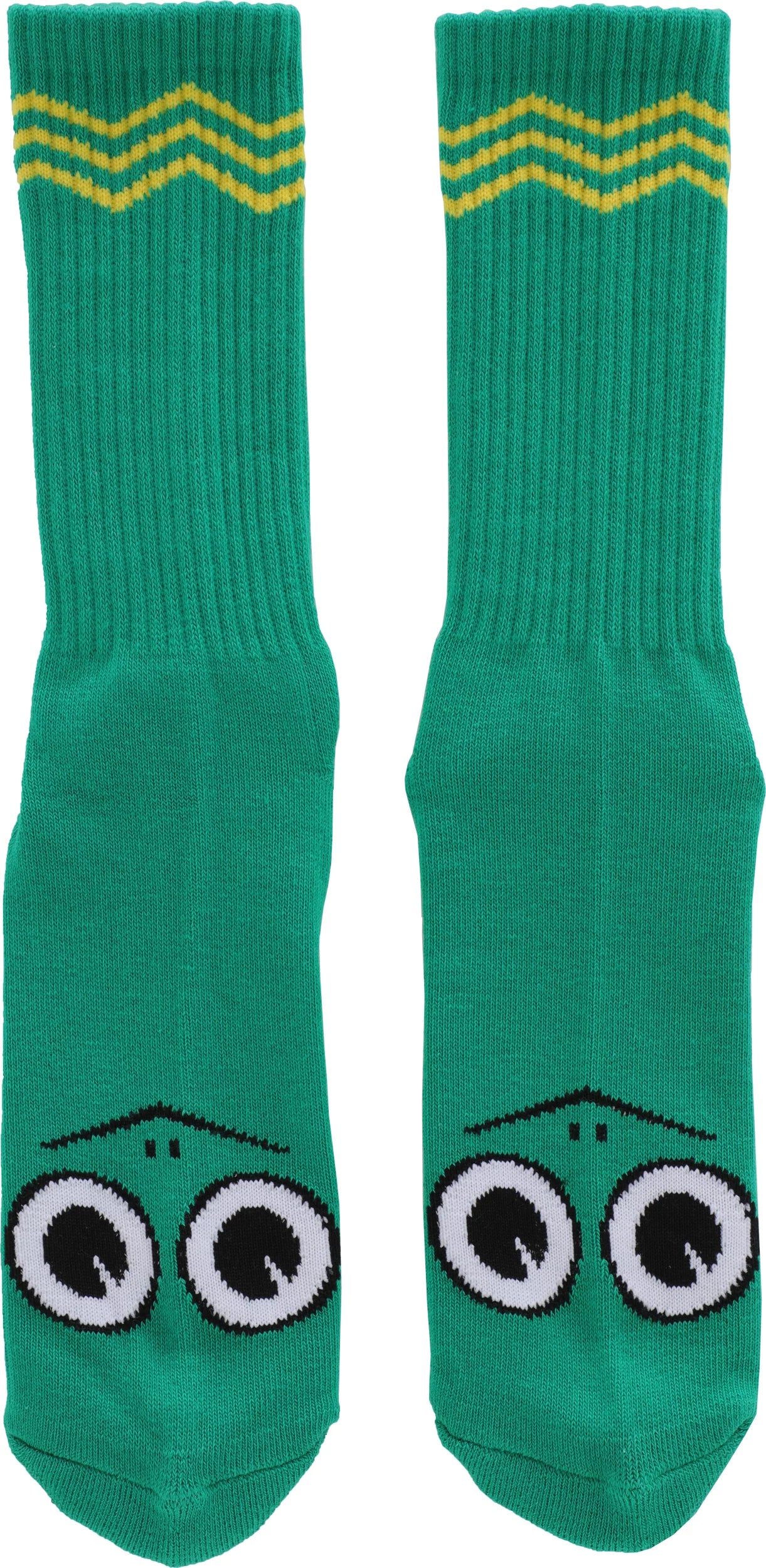 Green socks with cartoon face design and yellow stripes on a white background