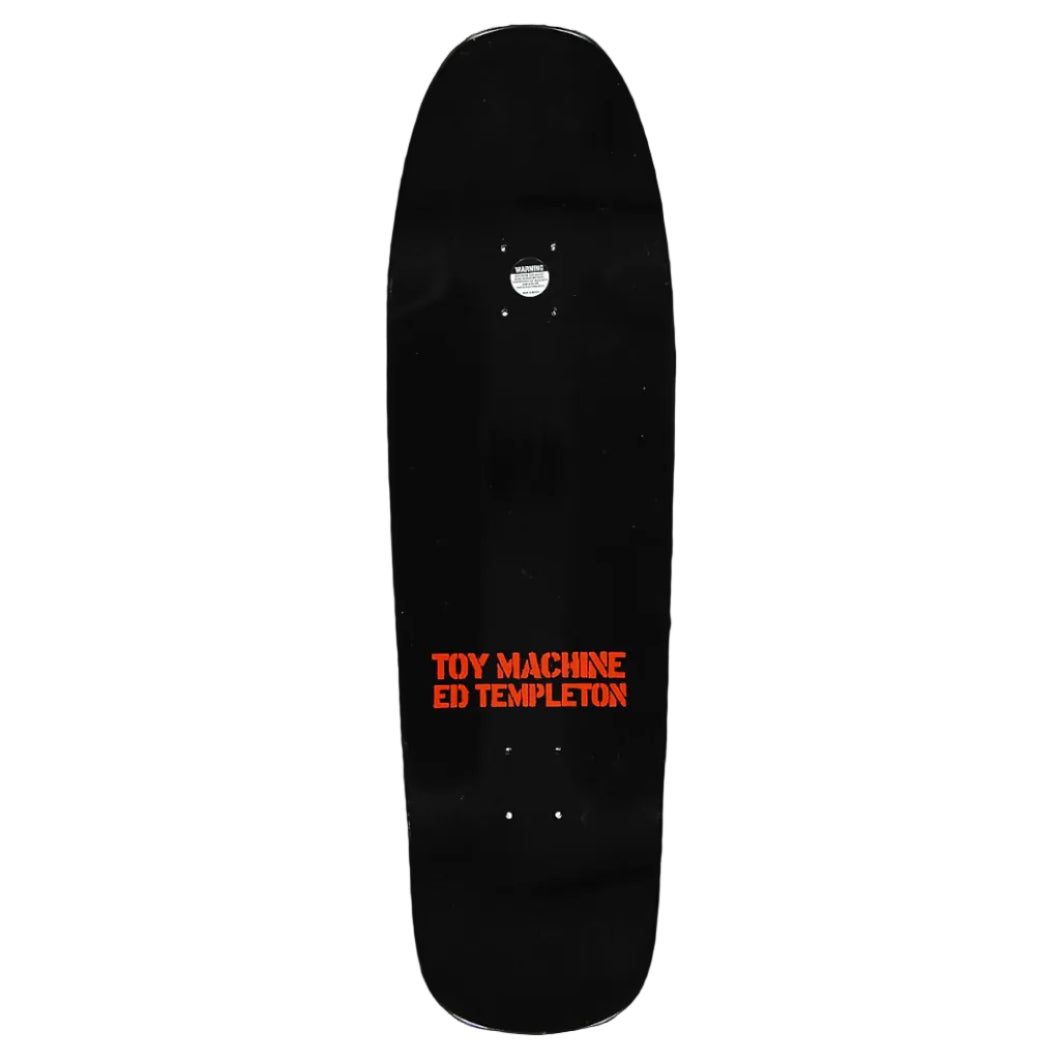 Black skateboard deck with red text on a white background
