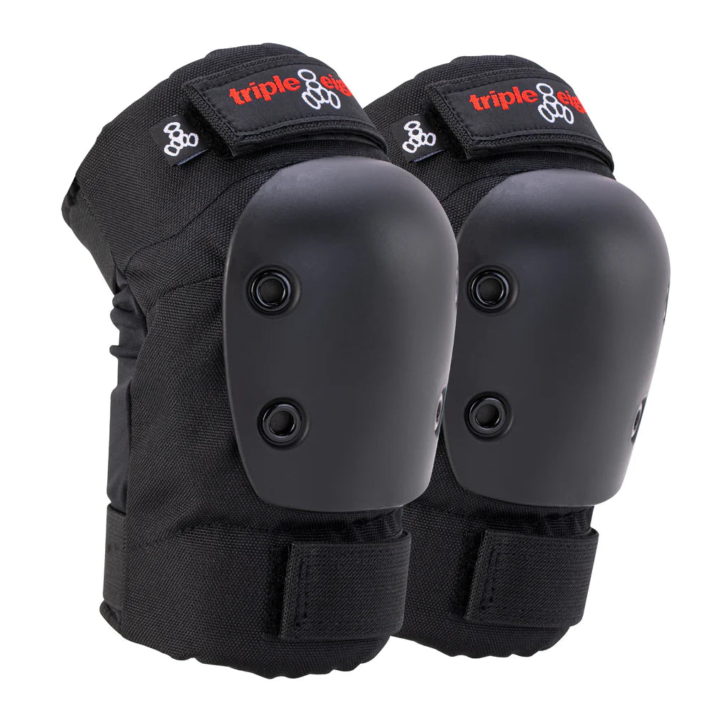Black elbow pads with 'triple eight' branding on a white background